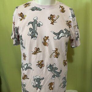 Tom and Jerry Men's Pink T Shirt Size Small Cotton Polyester Tom Cat Quacker Jer